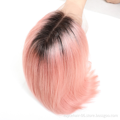 Ombre Pink Color Virgin Original Real Virgin Remy Indian Raw Human Hair Pixie Cut HD Sillk base Lace Front Straight Bob Wigs